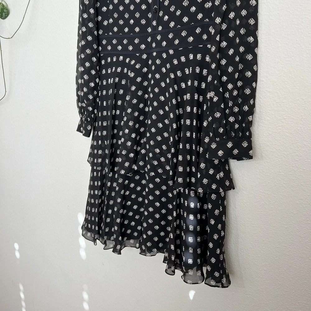 TORY BURCH Seymour Silk Georgette Mini Dress Size 6 Geometric Fish Print Tiered - Picture 5 of 11